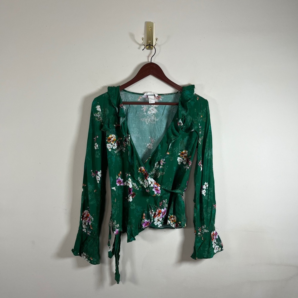 H&M Womens Floral‎ Wrap Top Long Sleeve Ruffles Green Pink Size 2 Boho Vacation